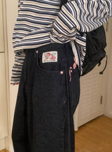 Rose Pink Lettering Embroidery Balloon Denim Pants