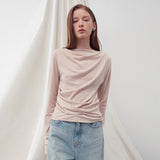 SHIRRING DRAPE LONG SLEEVE TOP BEIGE