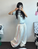 TRACK THREE LINE WIDE PANTS 🤍🎀 FLEECE- PICKABLE 💕🤎🖤5COLOR