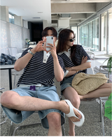 [Unisex] アースバックルストリッピードカラーレッドショートスリーブニット/ 3 カラーズ