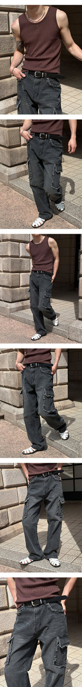 [Unisex] Fringe cargo denim pants(3color)