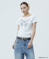 バタフライゴスワイドネッククロップTシャツ_ホワイト