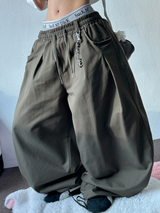 KOREAN/KEYRING 🤎 KEYRING BELT BALLOON WIDE COTTON LONG PANTS 🤎💚💛🖤 - 5 COLORS
