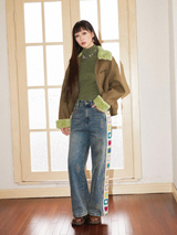 Crochet flower patchwork design, retro washed, loose straight-leg jeans