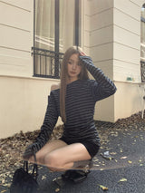Unbalanced Off-Shoulder Stripe Long Sleeve T-Shirt