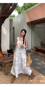 Blue Flower Cotton Sleeveless Long Dress