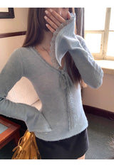 Sky V-neck Lace Bow Long Sleeve T-shirt