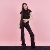 ROSE PATCH BOOT-CUT PANTS [BLACK]