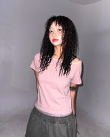 (3color) Wave Braided Neck Off-Shoulder Short Sleeve Tee