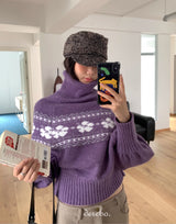 パープルスノータートルネッククロップドニットウェア