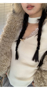 Choker V-neck Lace V-neck Long Sleeve T-shirt