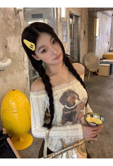 ドッグビーズレースオフショルダー長袖Tシャツ