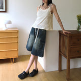 Kelu Vintage Washing Strap Cargo Denim Bermuda Half-Length Pants