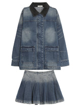 denim loose fit collar zip-up jacket two-piece (skirt set)
