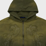 Applique Bleach Washing Crop Hoodie Zip Up Khaki