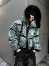 Carrot washed denim embroidered padded coat + black fur