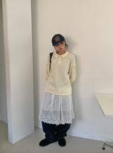 クカルレースレイヤードバンディングミディスカート