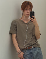 Veil Button V-neck Short Sleeve T-shirt