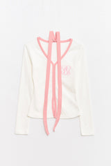 Logo Muffler V-neck Top Pink