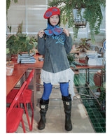 UnsocialNight original literary wool contrast colour フラワーアレンジメントプリントツイードジャケット detachableレースコート