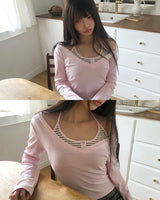 Matan Stripe Halter V-Neck Long Sleeve T-Shirt Set