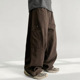Leejing Waistband Layered Pocket Rivet Cotton Wide Pants (4 colors)