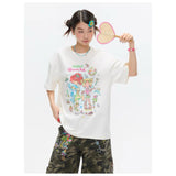 BETWEENAND xsunonebird Summer Loose Printed Top Two Color Pure Cotton Round Neck Short Sleeve T-shirt for Women