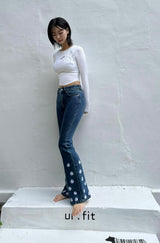 DARK BLUE EMBROIDERED SPANDEX BOOTCUT DENIM PANTS code 18315