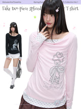 BETWEENAND「Pinkish Key」– a pure and delicate two-piece set consisting of a top with a dropped neckline, long sleeves, and a shapening upper garment