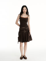 CONFUN Wool Color-Contrasting Fake Two-Piece Earflap Embroidered Bezel Beaded Collar Top
