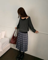 [ORIGINAL] Buckle Check Midi Pleated Skirt