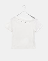 シャシャスタッデッドリベットアンバランシードオフショルダーショートスリーブTシャツ