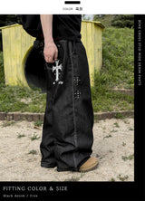 Bone Cross Stud Wide Denim Pants