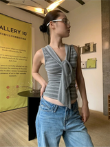 グレー ストライプ ストラップ ノースリーブ Tシャツ