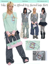 BETWEENAND Autumn gray and pink striped lightweight fake two-piece long-sleeved striped T-shirt top