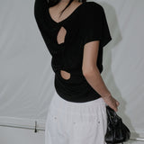 [Tiria] Back-Twist Shirred Short-Sleeve T-Shirt - 3 Colors