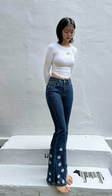 DARK BLUE EMBROIDERED SPANDEX BOOTCUT DENIM PANTS code 18315