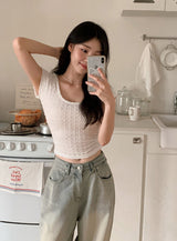 SL Emboss Back Slit Strap Crop Short Sleeve T-shirt (3color)