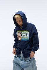 Sound wave artwork damage washing hoodie zip-up (Navy)_1