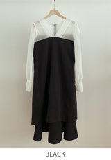 Chenibel V-neck Color Matching Pin-Tuck Flare One Piece