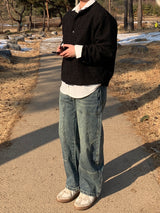 メンズヘンリーネックランブスヘアクロップカーディガン (Boucle Wool Cardigan)