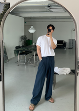 No-Mace Back Banding Two-Tuck Linen Wide Pants