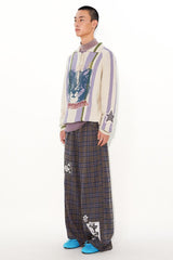 Patchwork printed drawstring design casual and relaxed loose straight-leg check pants