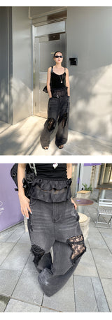 Vintage lace patch black denim pants