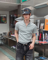 Ziden Half Zip-Up Ribbed Short-Sleeve T-Shirt