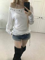 eyelet punching shirring long tee(4 color)