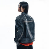 Washed Line Leather Jacket - BLACK