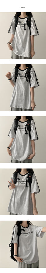 UN レタリングトラックラインオーバーサイズフィット半袖Tシャツ