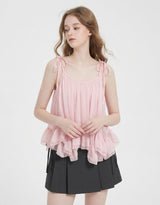 Hazel Sheer Ribbon Strap Frill Sleeveless Pink