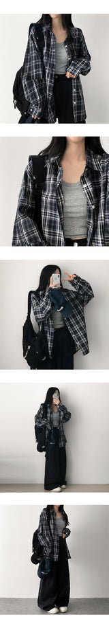 Elo Linen Fluffy Oversized Fit Checkered Shirt Shirt